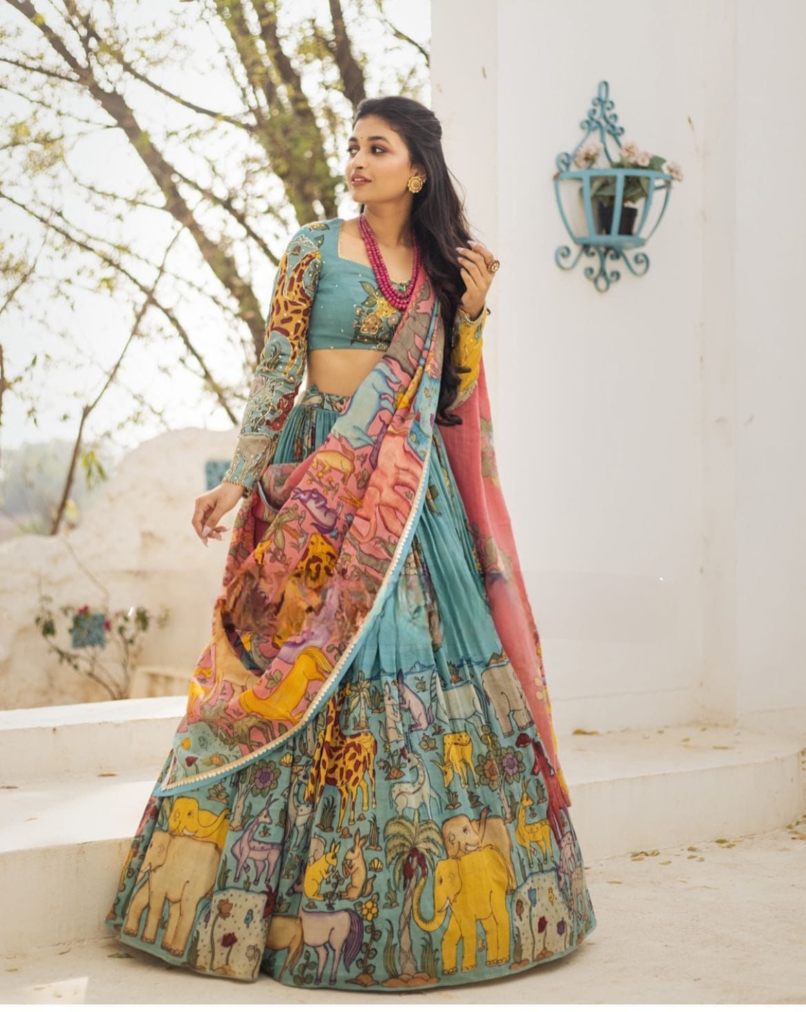 "Printed Giraffe Splendor: Free Size Lehenga Set with Rich Digital Print & Embroidered Blouse"