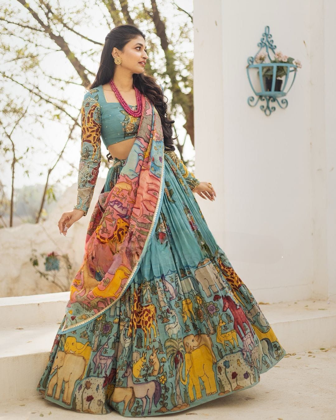 "Printed Giraffe Splendor: Free Size Lehenga Set with Rich Digital Print & Embroidered Blouse"