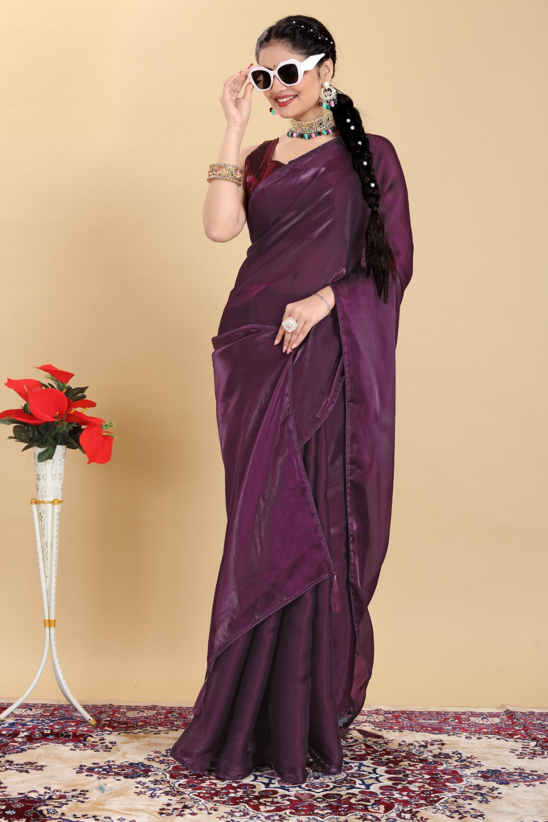"Exquisite Pure Jimmy Choo Saree with Intricate Embellishments and Stitched Blouse Set"