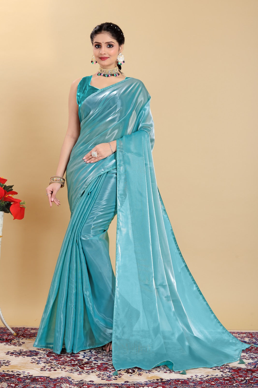 "Exquisite Pure Jimmy Choo Saree with Intricate Embellishments and Stitched Blouse Set"