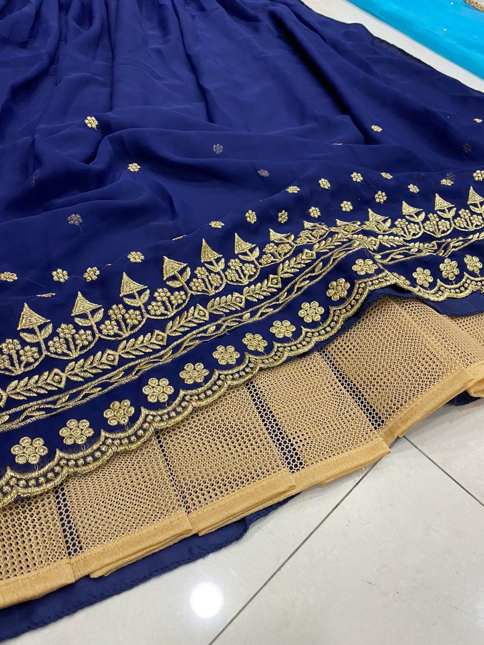 "Royal Blue Georgette Embroidered Lehenga Choli Set with Inner Silk - Semi-Stitched"