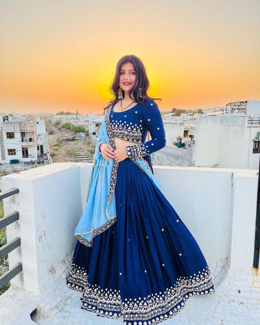 "Royal Blue Georgette Embroidered Lehenga Choli Set with Inner Silk - Semi-Stitched"