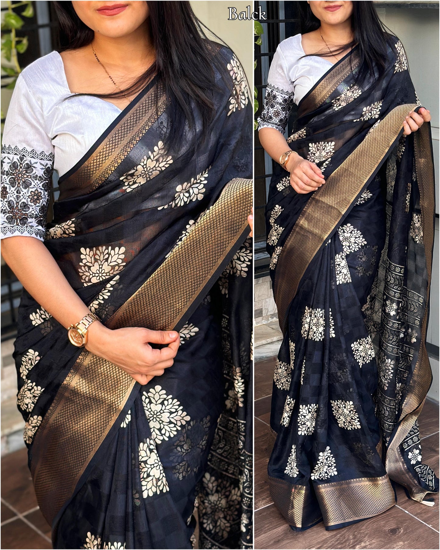Women's Beautiful Checkered Floral  Printed Muslin Cotton Saree & Embroidered Blouse Ensemble"
