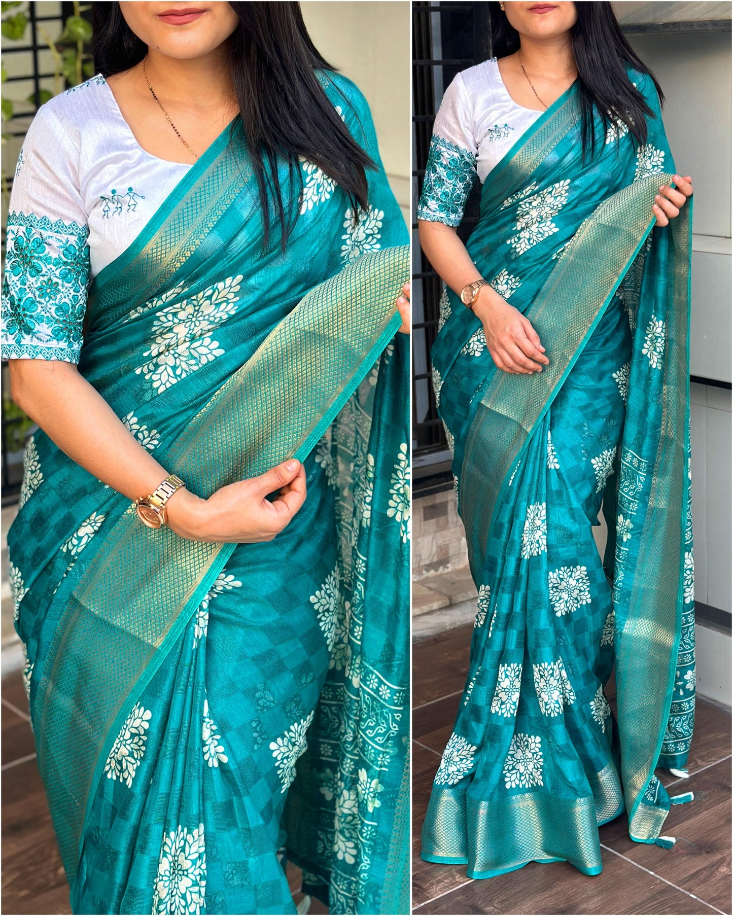 Women's Beautiful Checkered Floral  Printed Muslin Cotton Saree & Embroidered Blouse Ensemble"