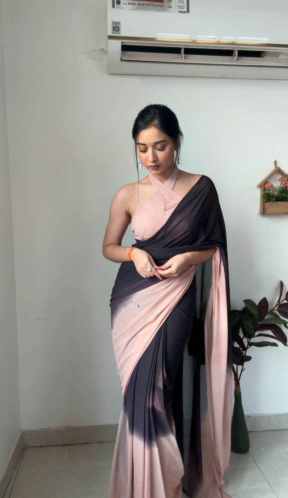 "Radiant Peach Black Georgette Silk Ready-To-Wear Saree with Multicolor Pedding Print - Effortless Elegance for Every Occasion"