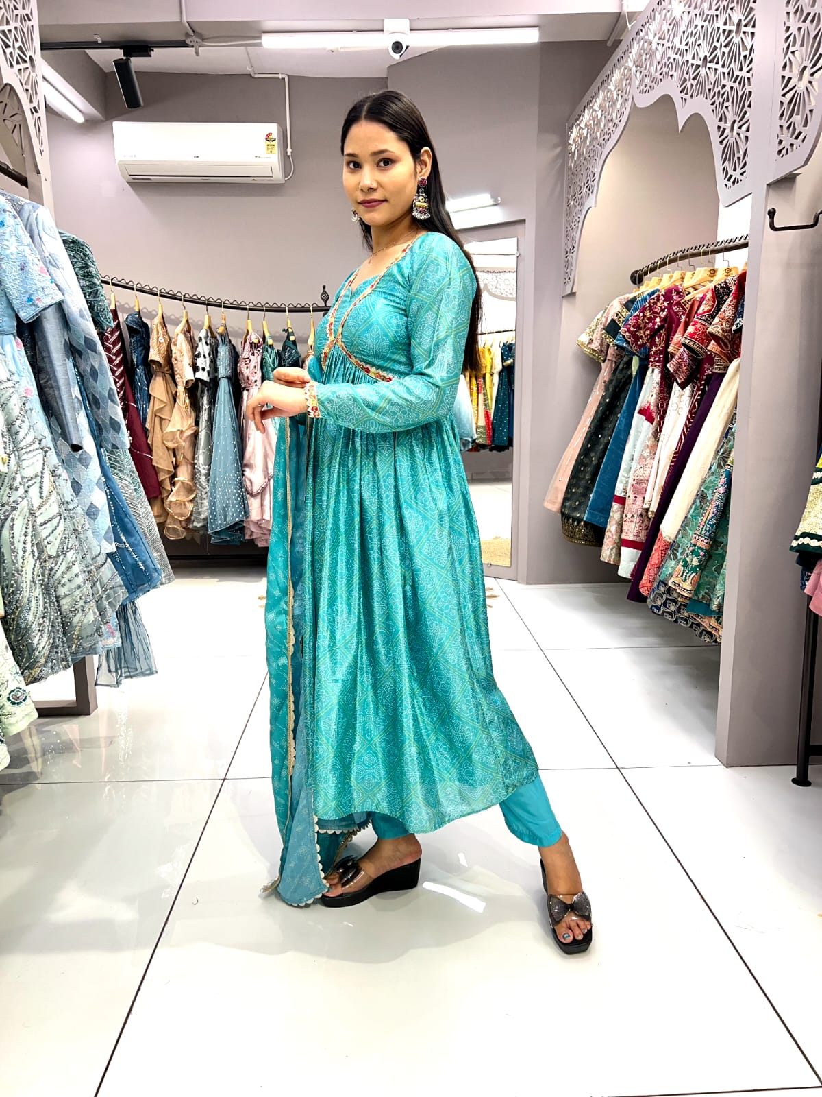 "Sky Blue Embroidered  Bandhani Chinon Gown"