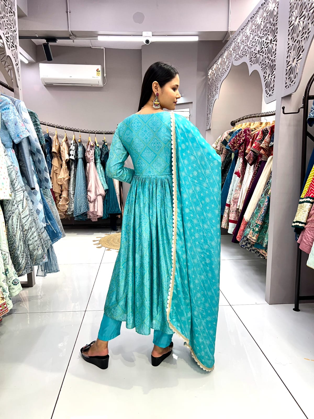 "Sky Blue Embroidered  Bandhani Chinon Gown"