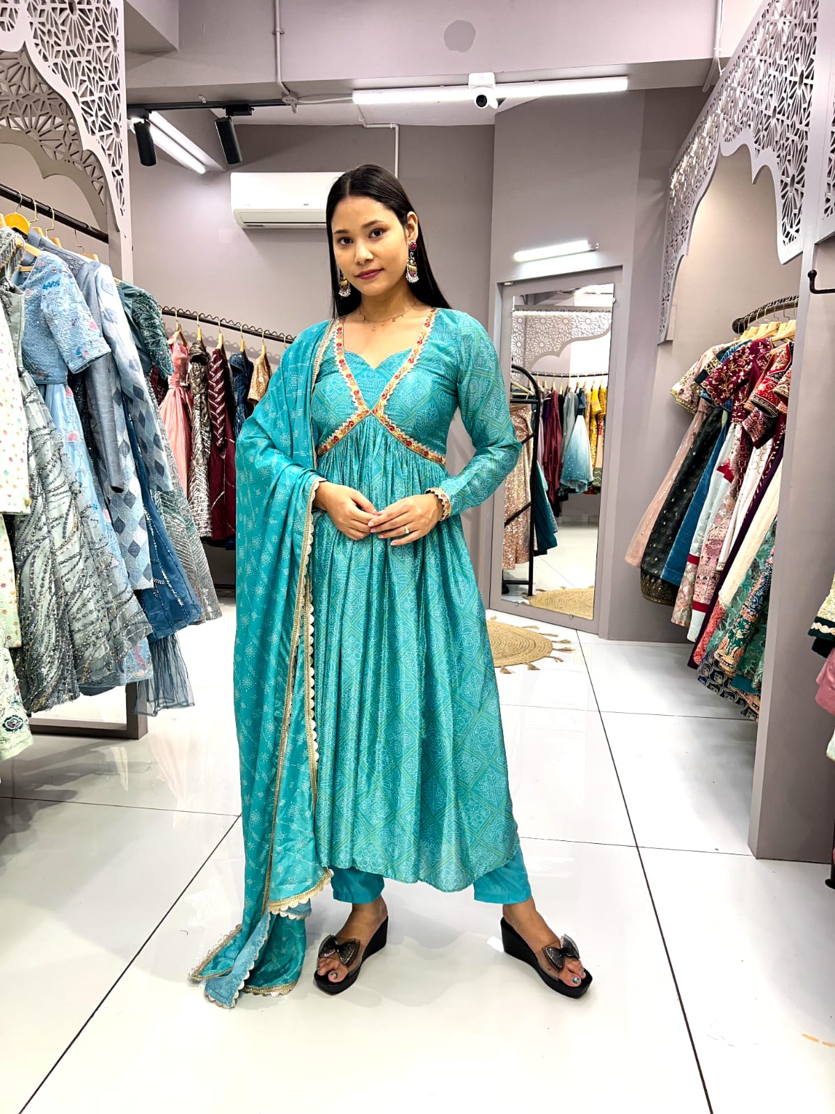 "Sky Blue Embroidered  Bandhani Chinon Gown"