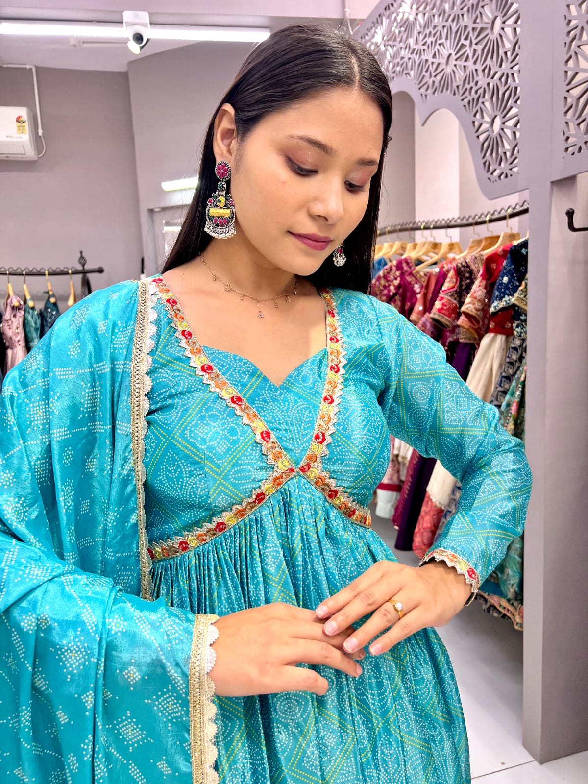 "Sky Blue Embroidered  Bandhani Chinon Gown"