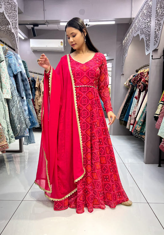 "Rani Pink Bandhani Printed Georgette Gown with Digital Print & Zari Embroidery