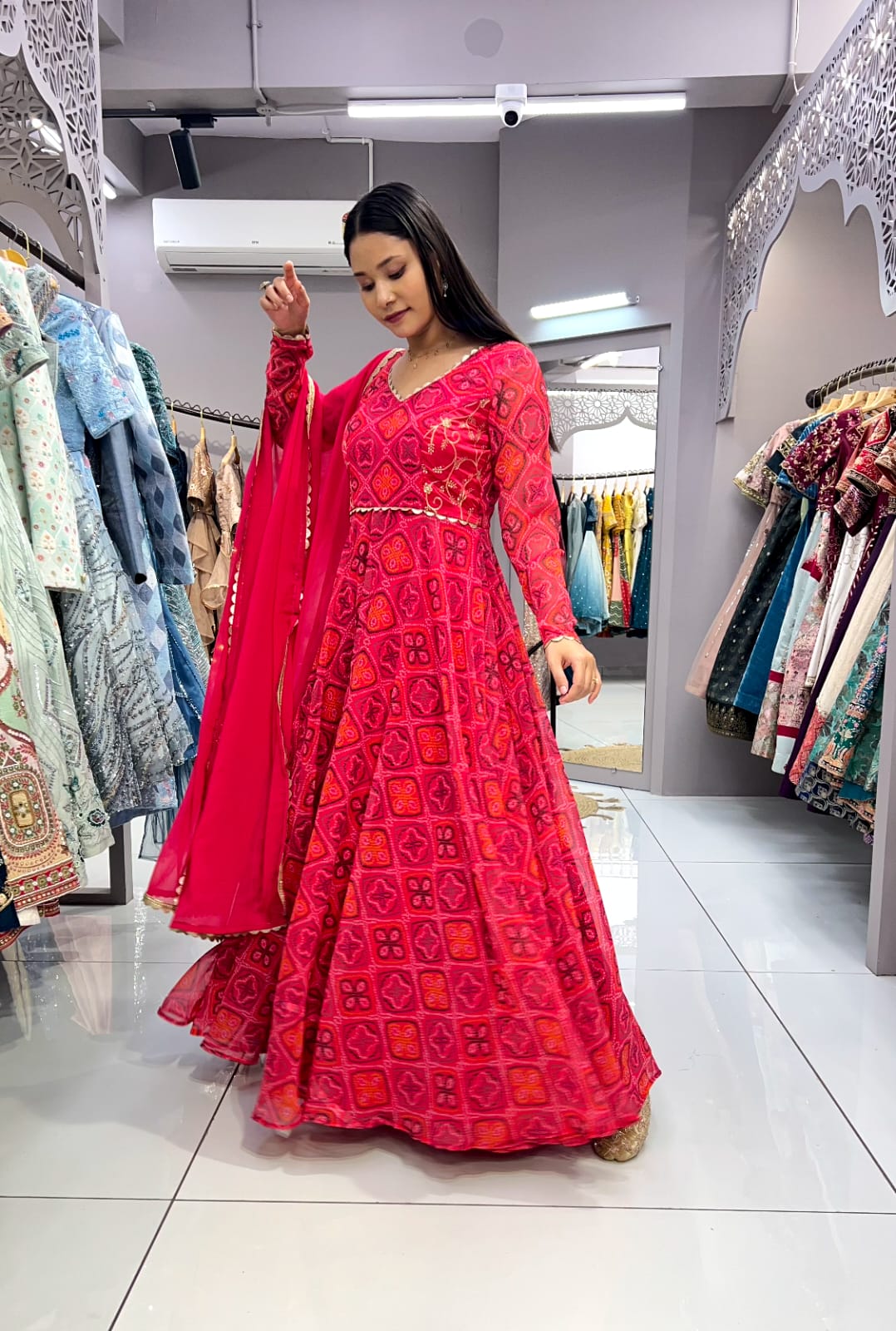 "Rani Pink Bandhani Printed Georgette Gown with Digital Print & Zari Embroidery