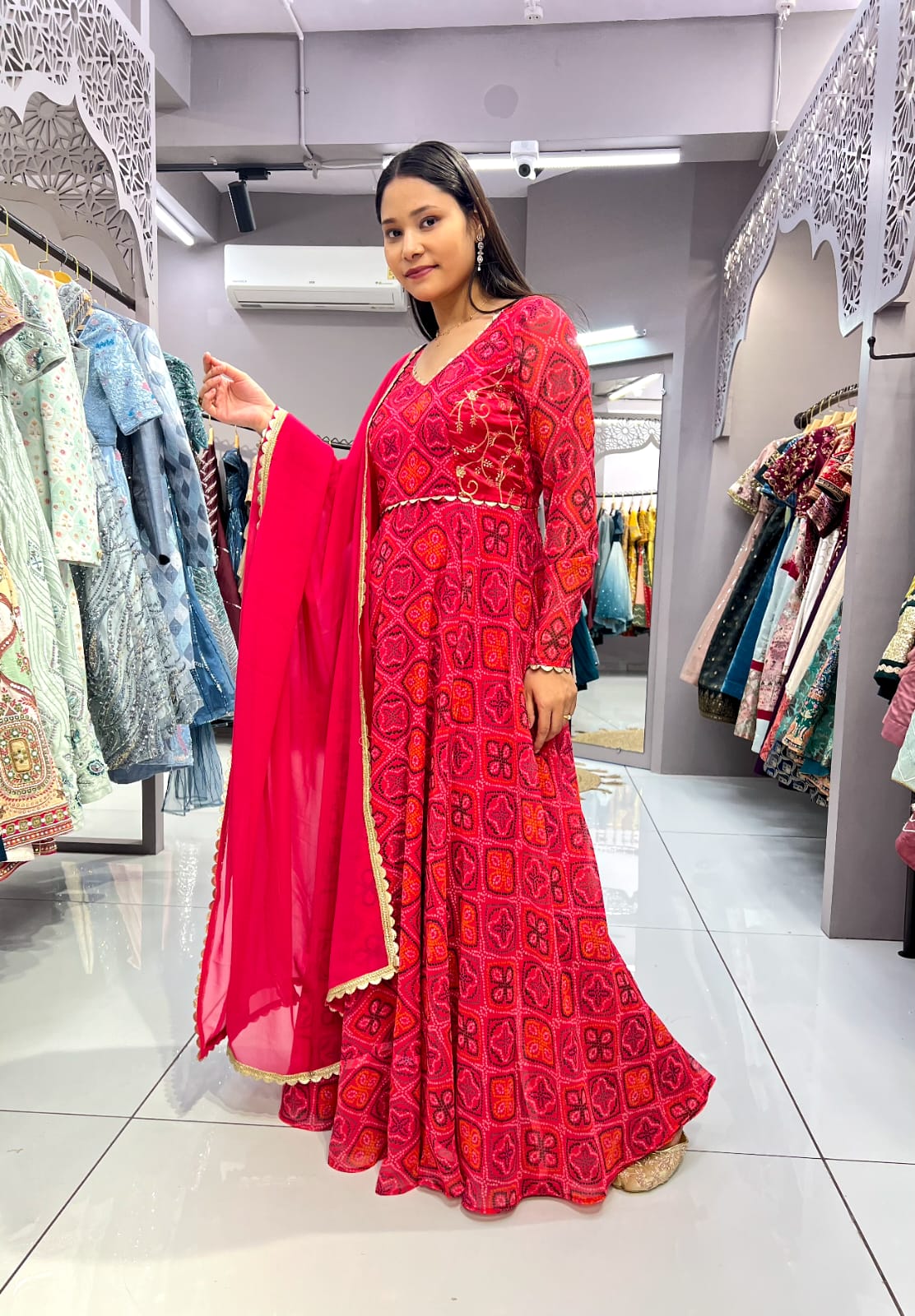 "Rani Pink Bandhani Printed Georgette Gown with Digital Print & Zari Embroidery