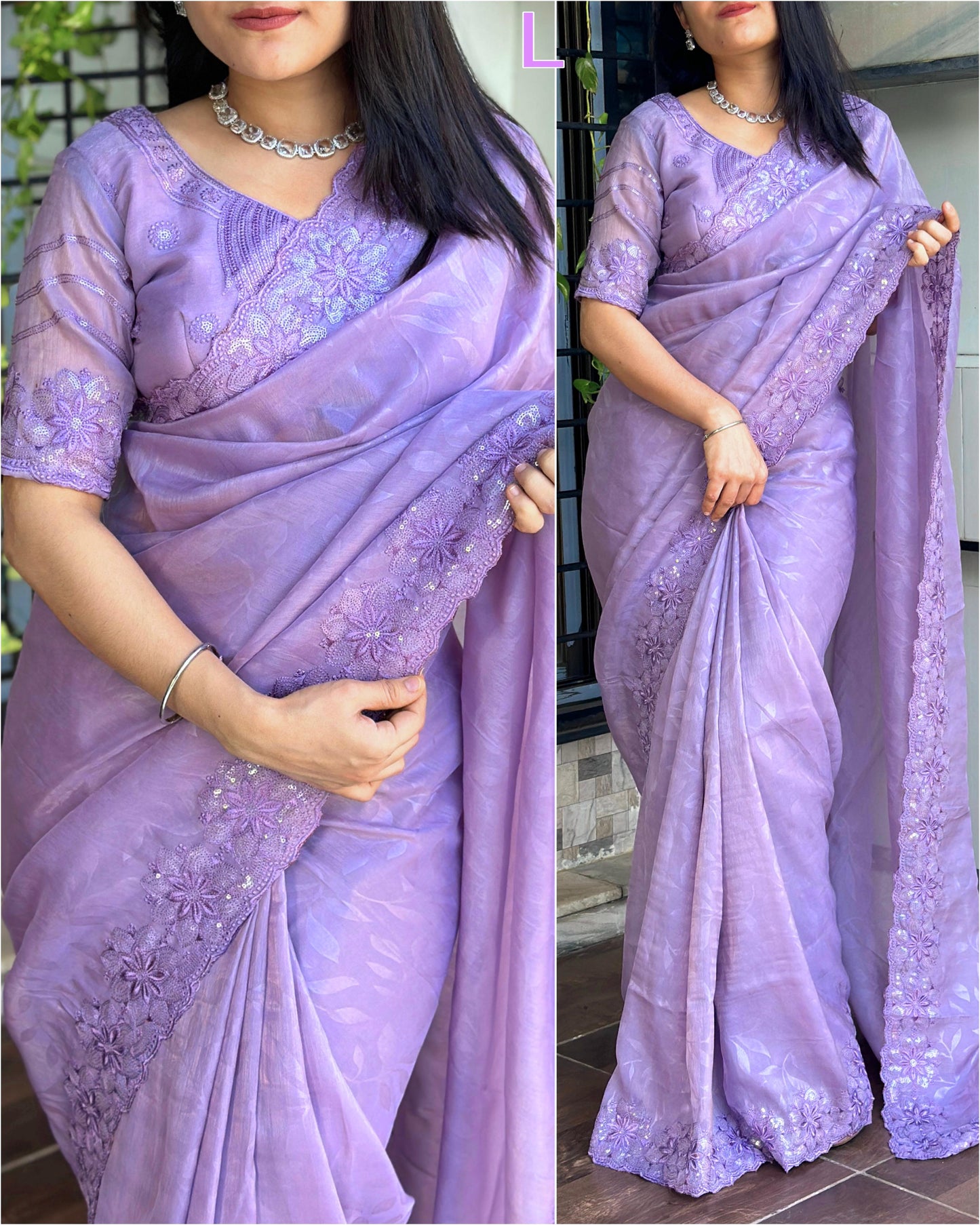 "Pastel Perfection: Rangeen Silk Saree & Designer Blouse Set with Sequins Embellishments"