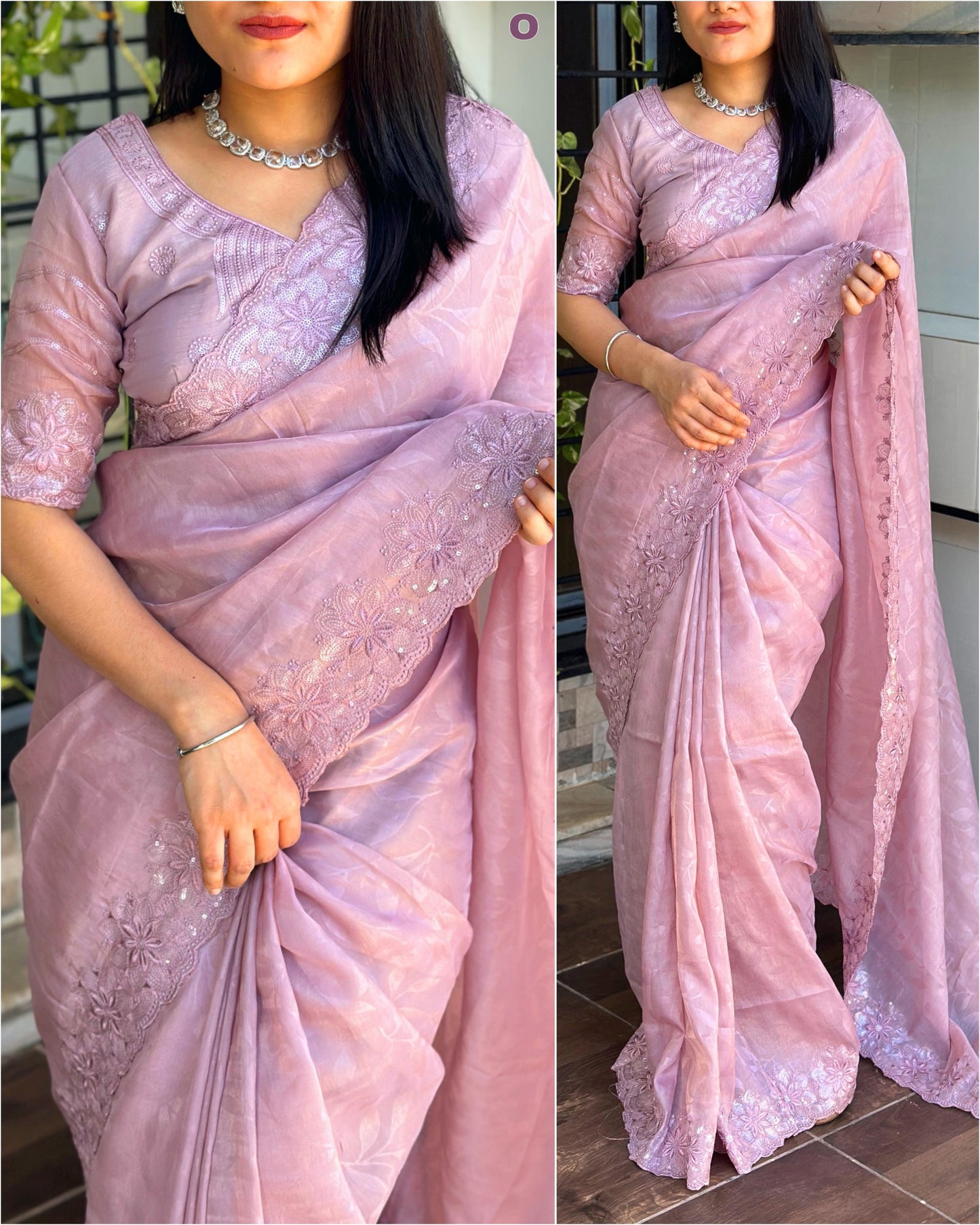 "Pastel Perfection: Rangeen Silk Saree & Designer Blouse Set with Sequins Embellishments"