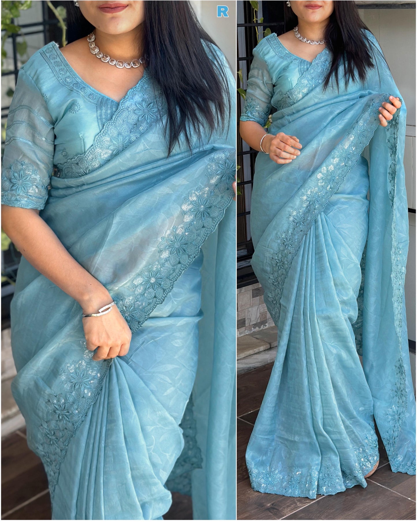 "Pastel Perfection: Rangeen Silk Saree & Designer Blouse Set with Sequins Embellishments"