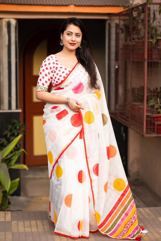 "Timeless Elegance: Pure Kota Silk Saree with Hand-Blocked Polka Dot Design"