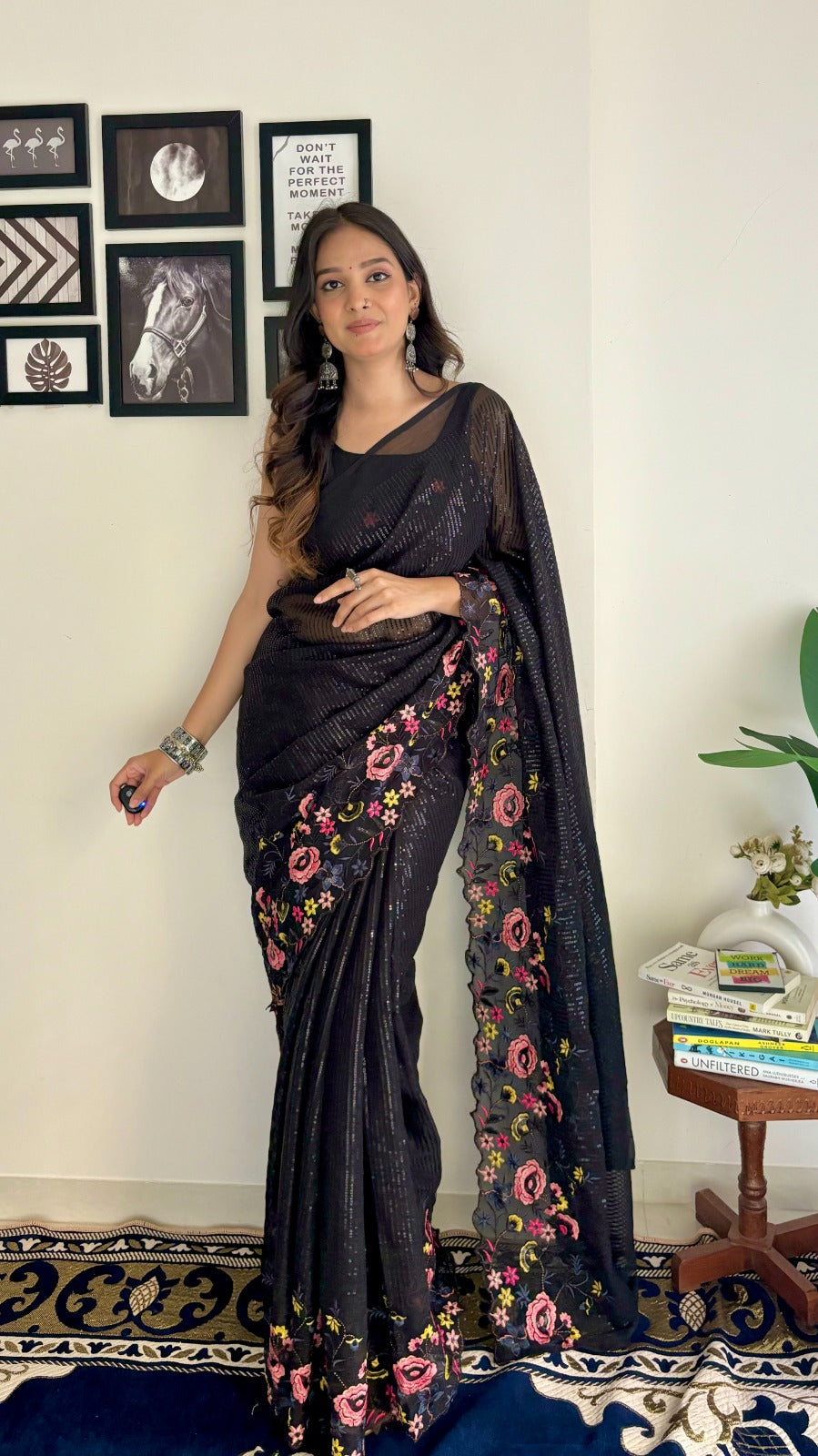 Women's Beautiful Embroidered Thread and Sequence Work Saree With Blouse