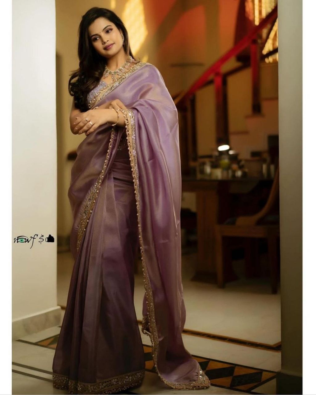 "Silver Tissue Silk Embroidered Saree with Mirror Work & Matching Blouse"