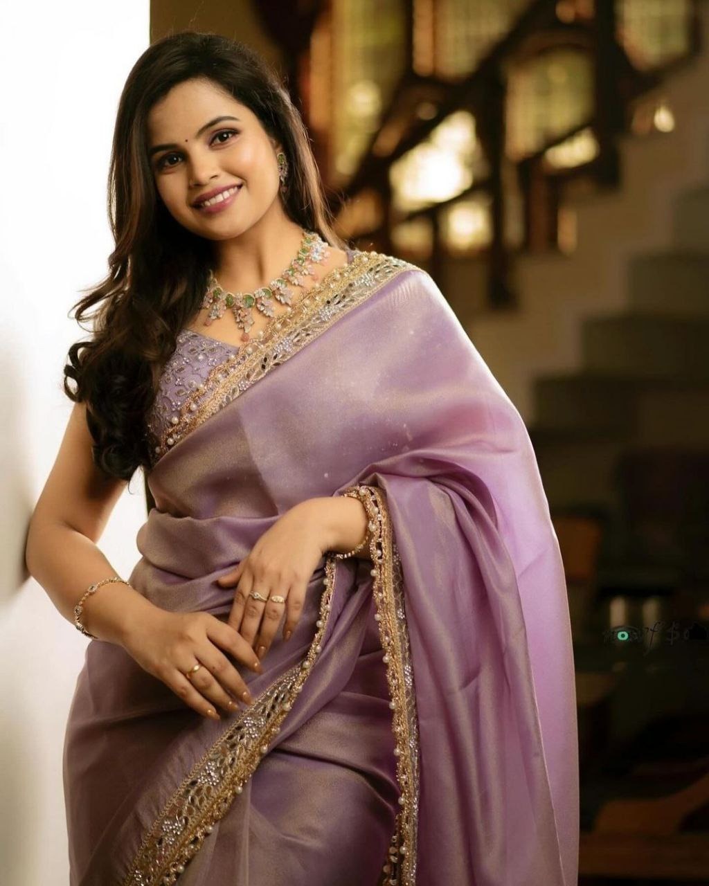 "Silver Tissue Silk Embroidered Saree with Mirror Work & Matching Blouse"