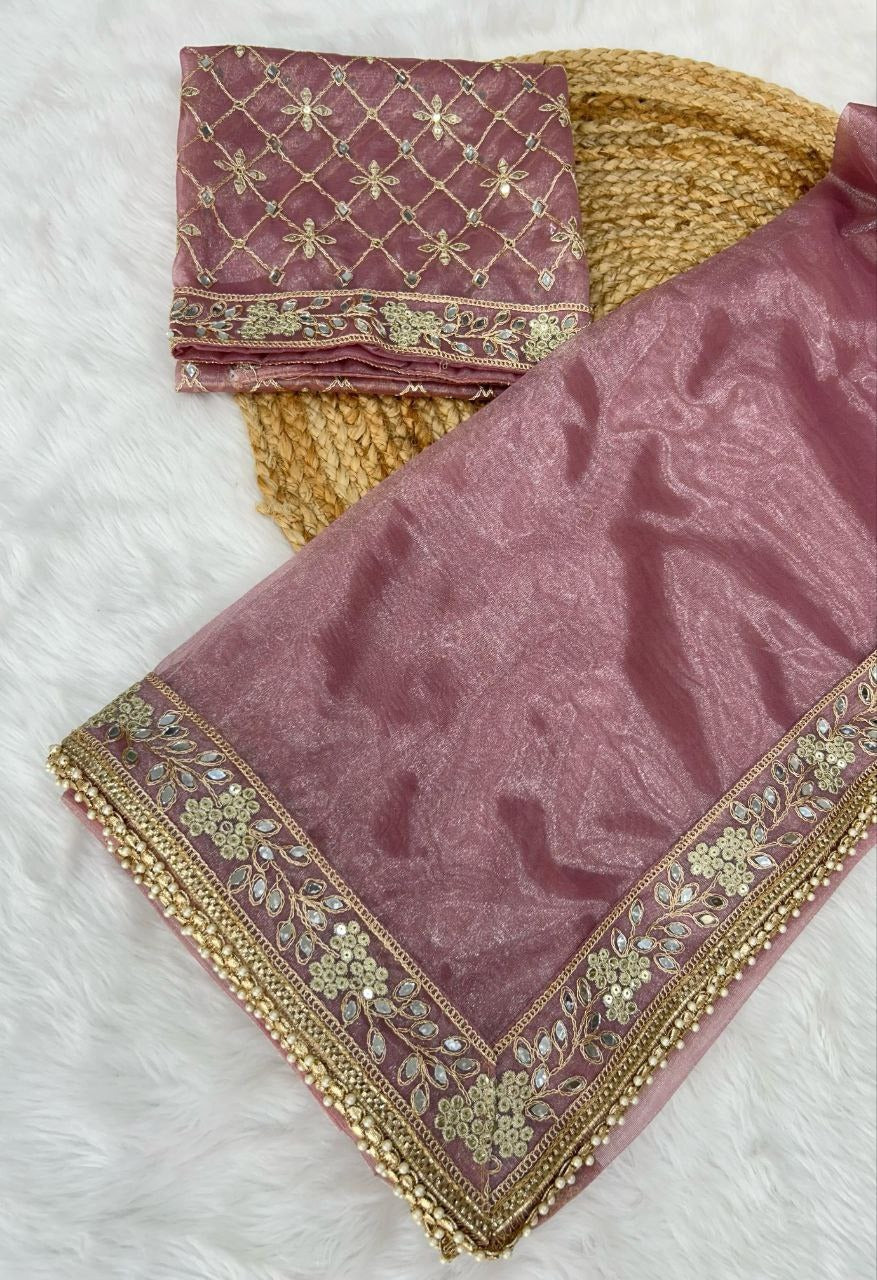 "Silver Tissue Silk Embroidered Saree with Mirror Work & Matching Blouse"