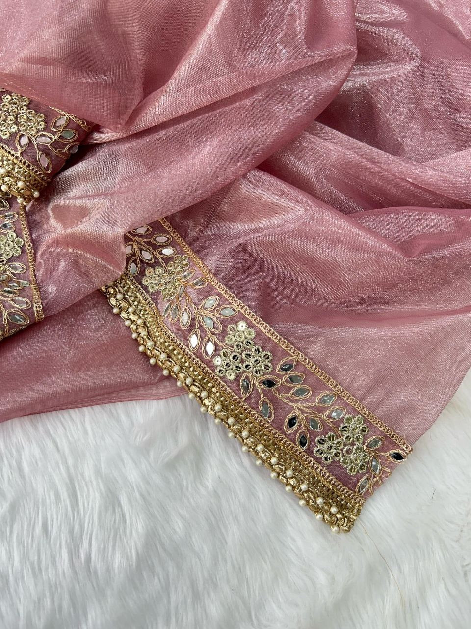 "Silver Tissue Silk Embroidered Saree with Mirror Work & Matching Blouse"