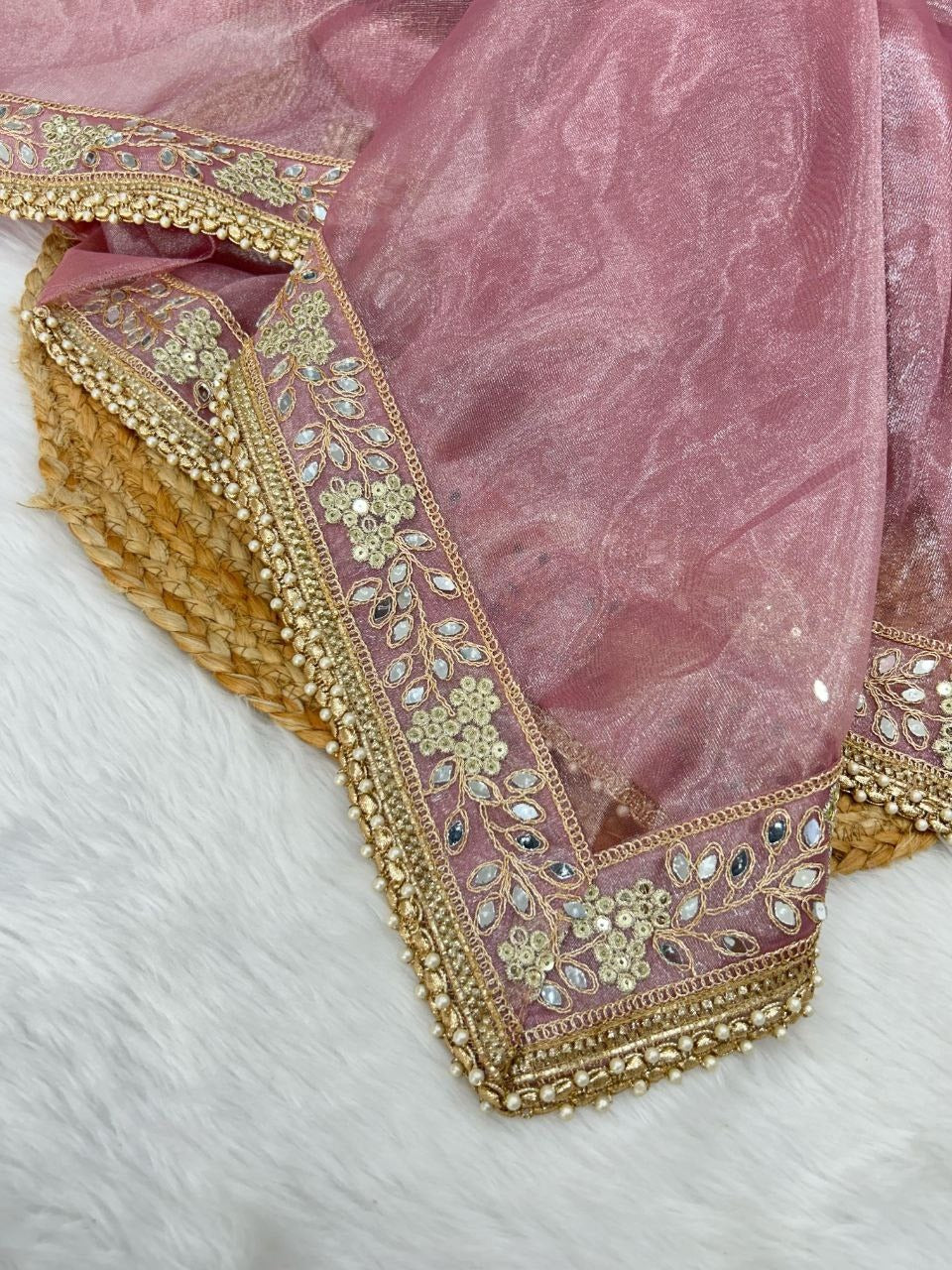 "Silver Tissue Silk Embroidered Saree with Mirror Work & Matching Blouse"