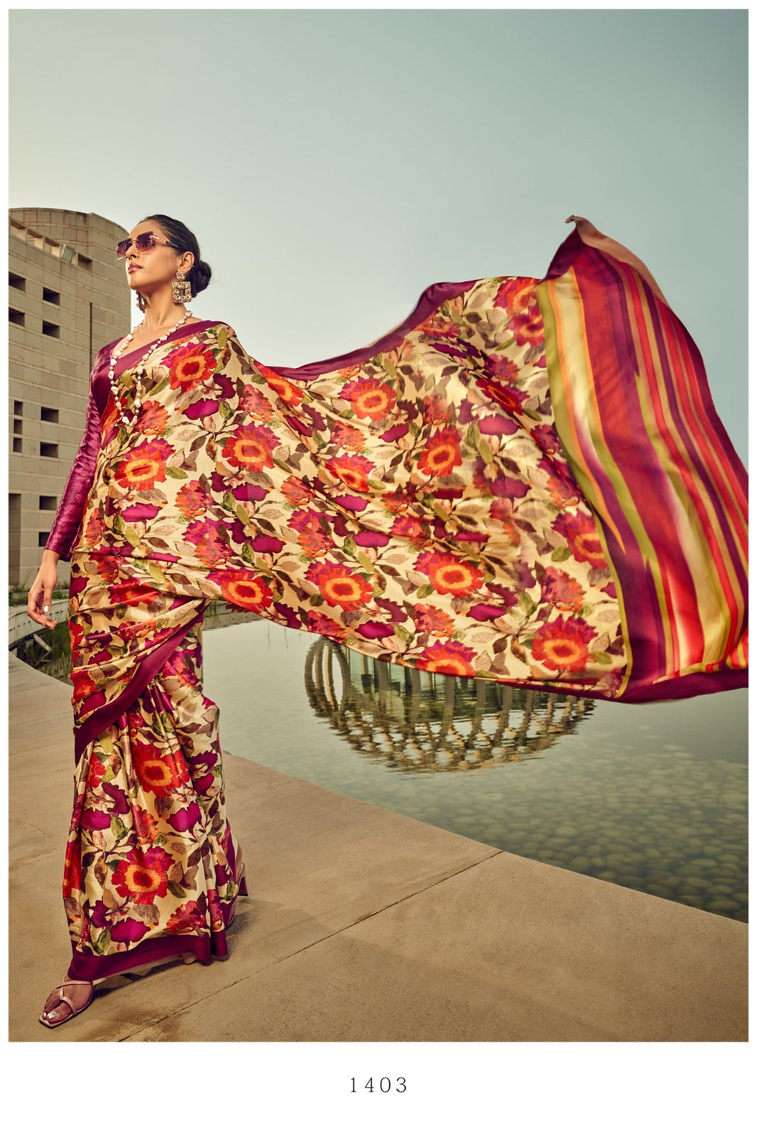 "Satin Crepe Silk Floral Print Saree"