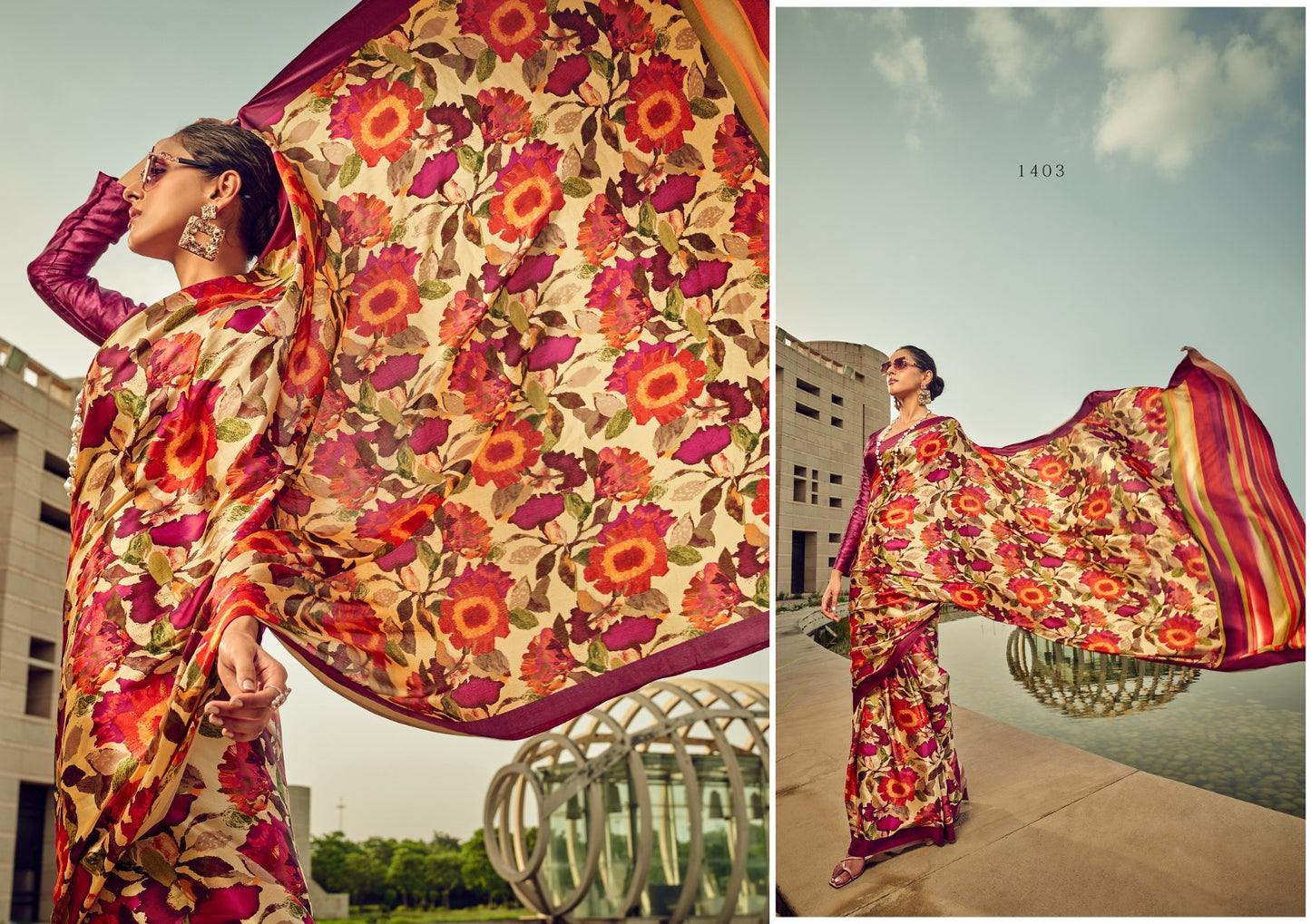 "Satin Crepe Silk Floral Print Saree"