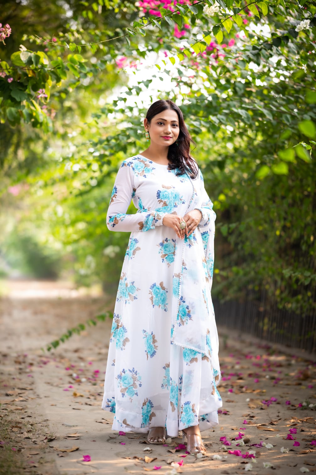 "Flower Print Georgette Gown with Gota Patti Lace Dupatta"