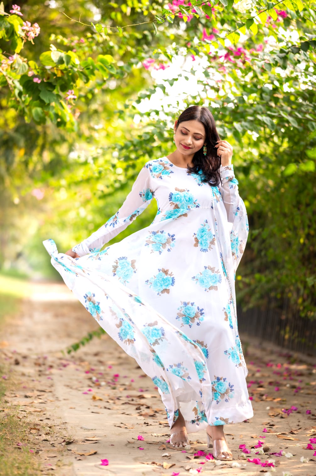 "Flower Print Georgette Gown with Gota Patti Lace Dupatta"