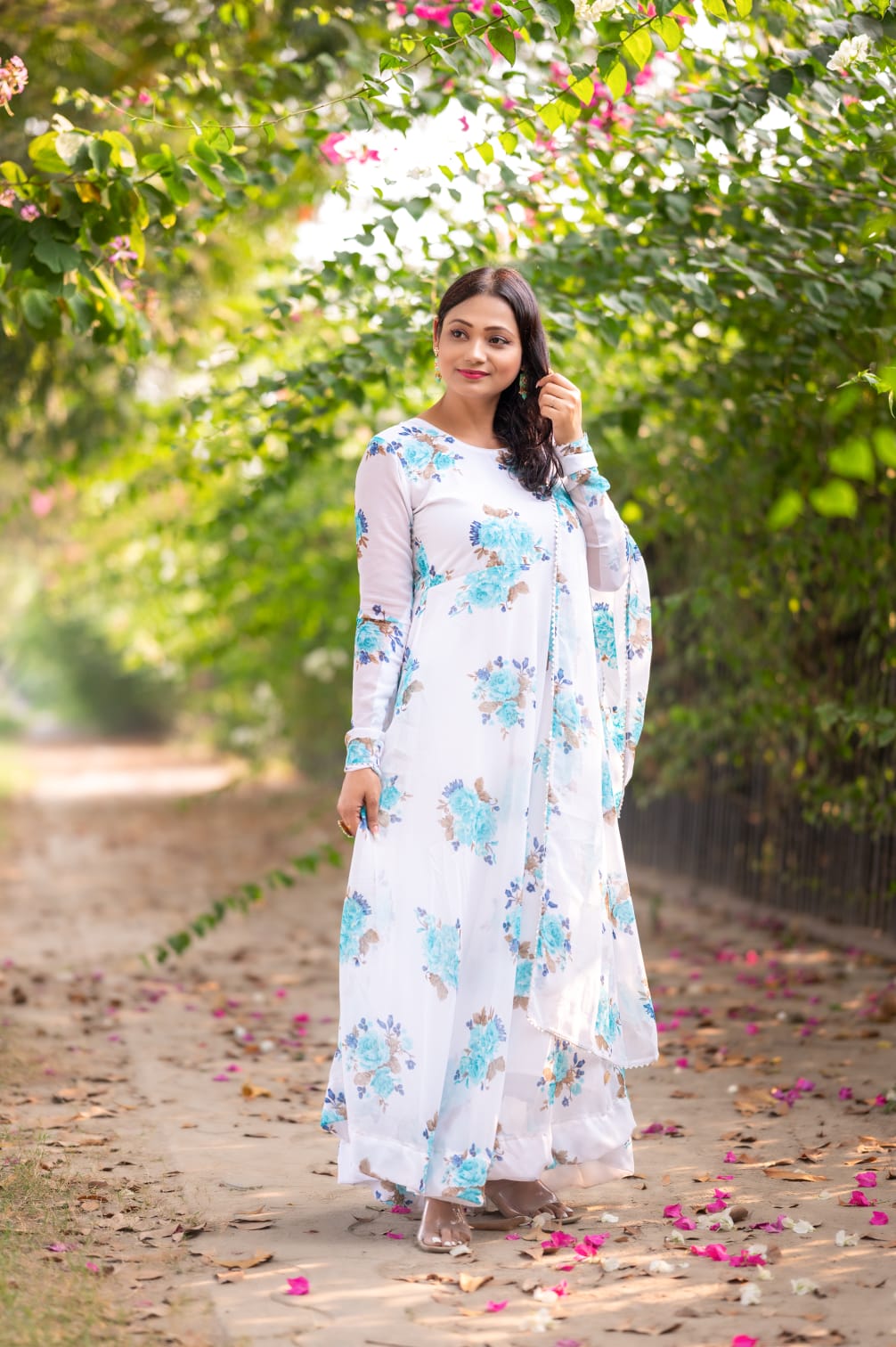 "Flower Print Georgette Gown with Gota Patti Lace Dupatta"