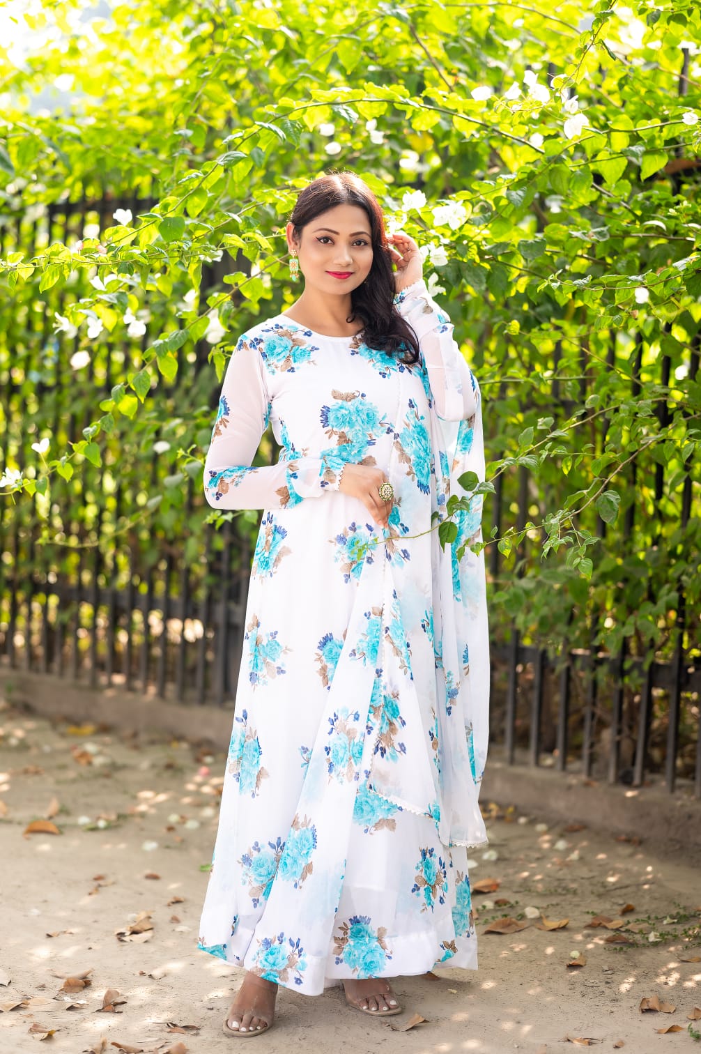 "Flower Print Georgette Gown with Gota Patti Lace Dupatta"