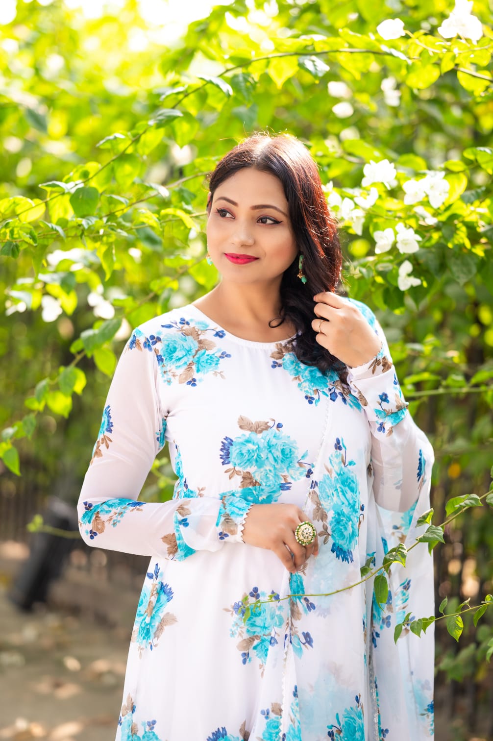 "Flower Print Georgette Gown with Gota Patti Lace Dupatta"