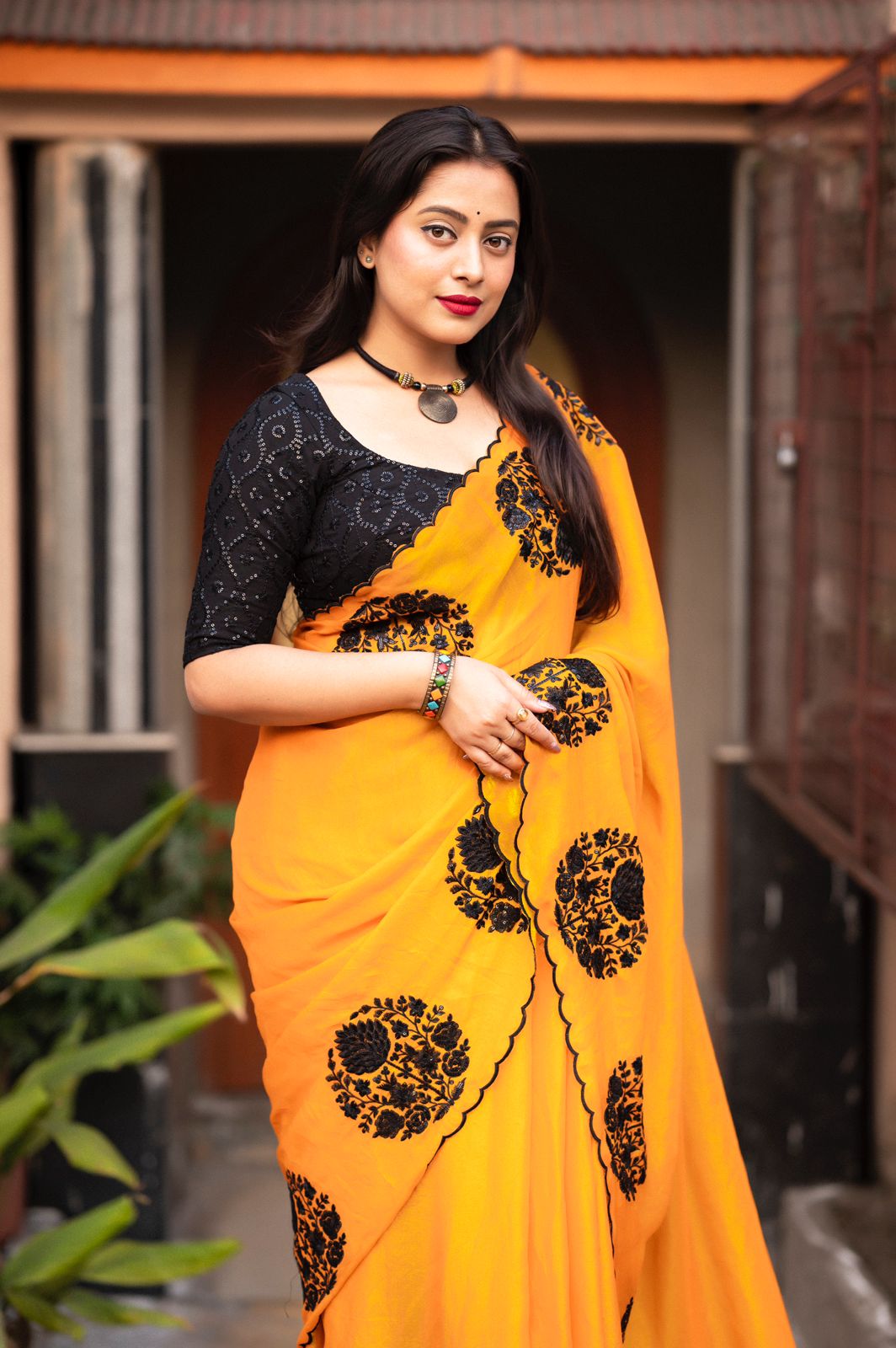 "Exquisite Mango-Colored Soft Satin Silk Saree with Black Sequence Embroidery - Elegant Indian Ethnic Wear"