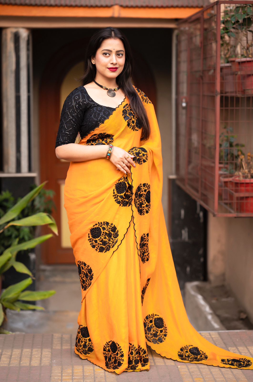 "Exquisite Mango-Colored Soft Satin Silk Saree with Black Sequence Embroidery - Elegant Indian Ethnic Wear"