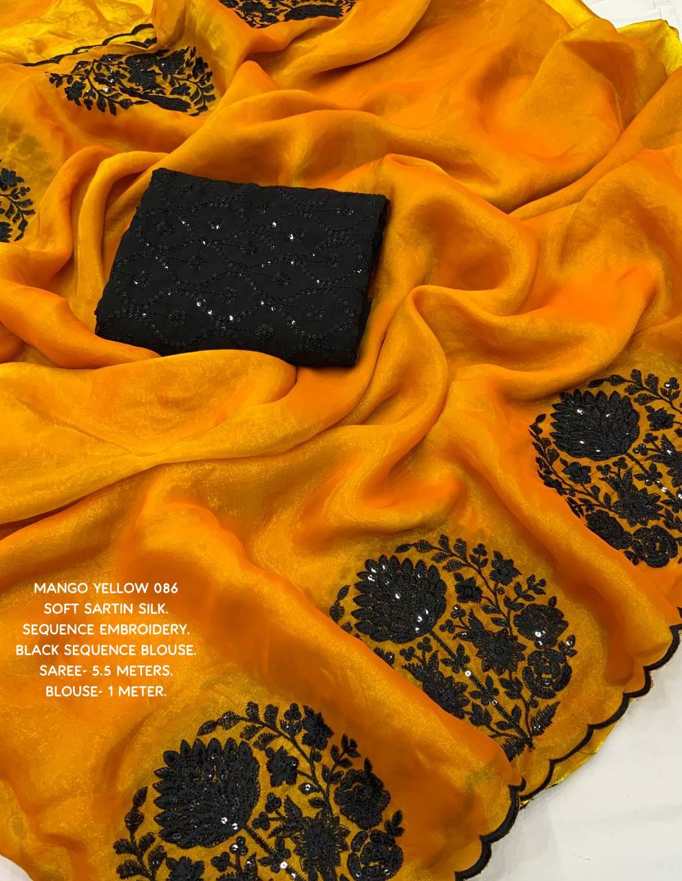 "Exquisite Mango-Colored Soft Satin Silk Saree with Black Sequence Embroidery - Elegant Indian Ethnic Wear"