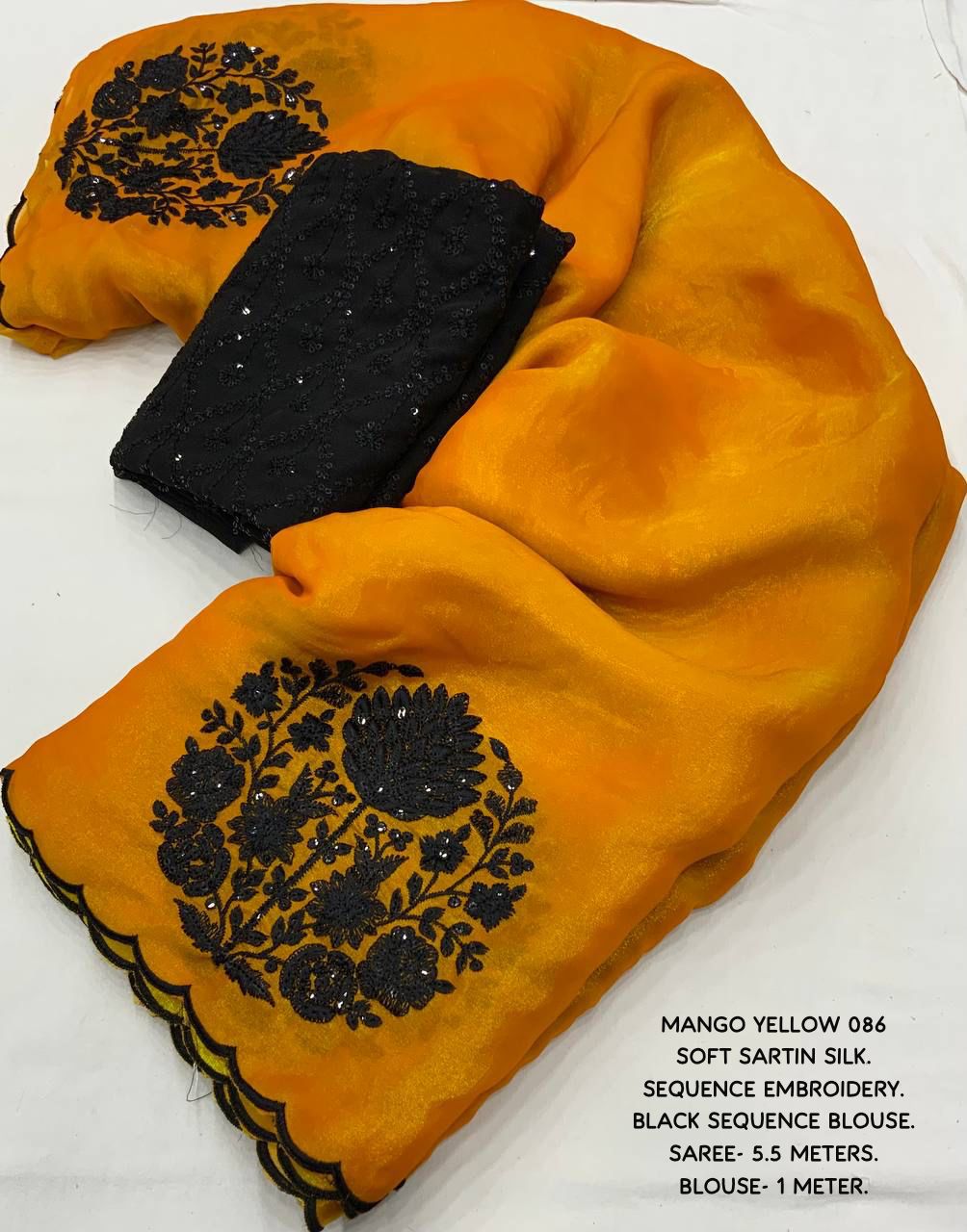 "Exquisite Mango-Colored Soft Satin Silk Saree with Black Sequence Embroidery - Elegant Indian Ethnic Wear"