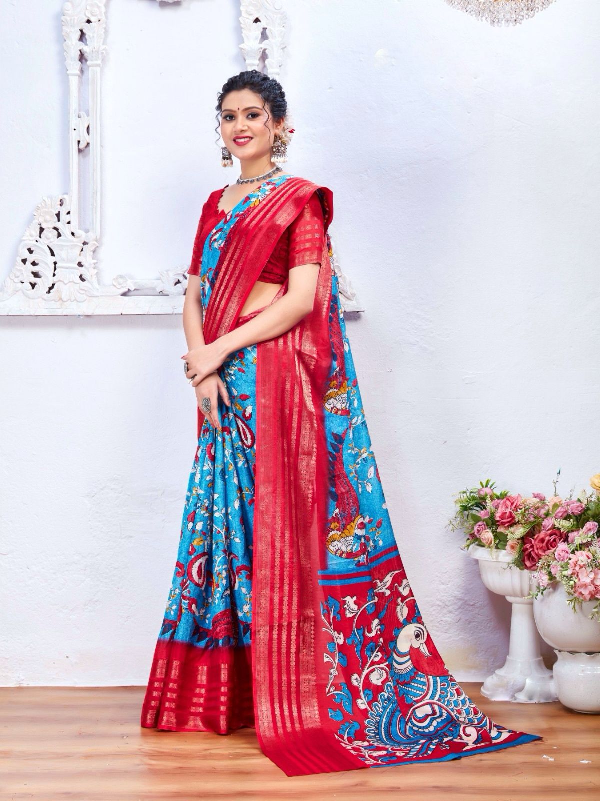 "Elegant Kalamkari Print Cotton Crepe Saree with Jacquard Border & Matching Blouse"