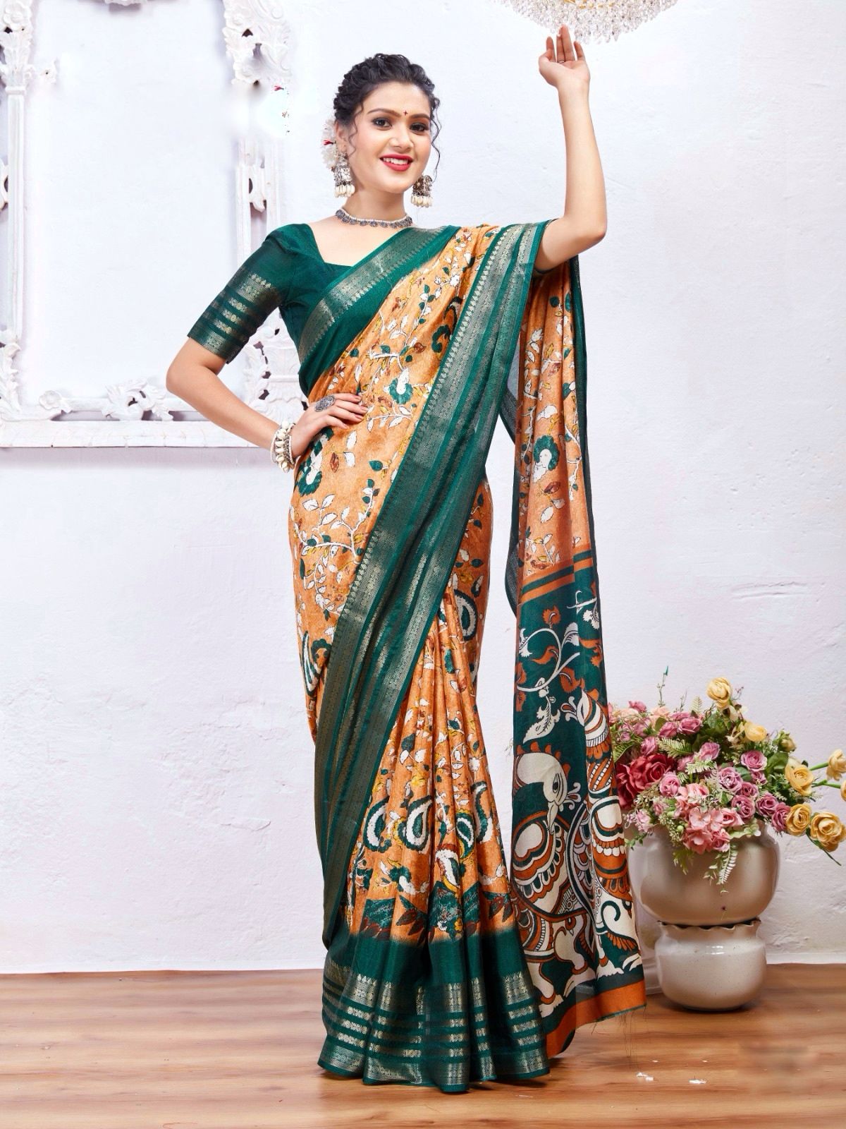 "Elegant Kalamkari Print Cotton Crepe Saree with Jacquard Border & Matching Blouse"
