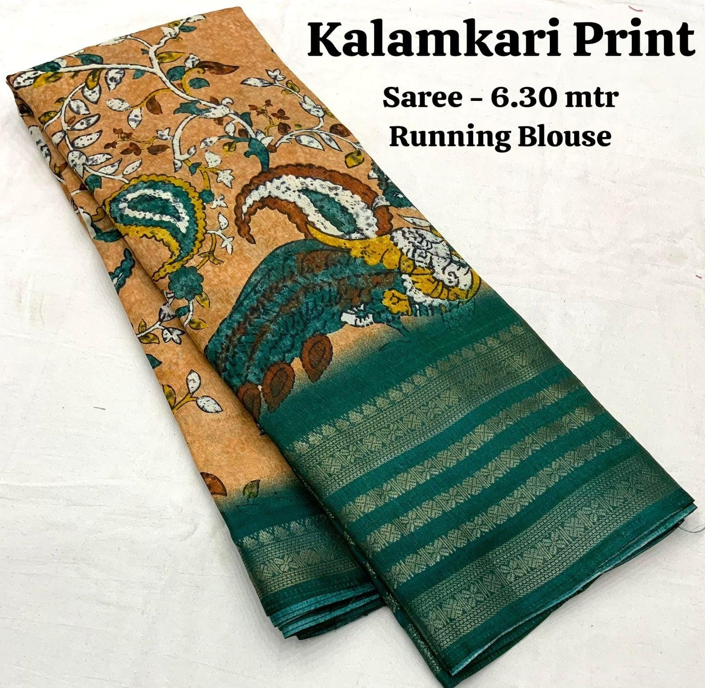 "Elegant Kalamkari Print Cotton Crepe Saree with Jacquard Border & Matching Blouse"