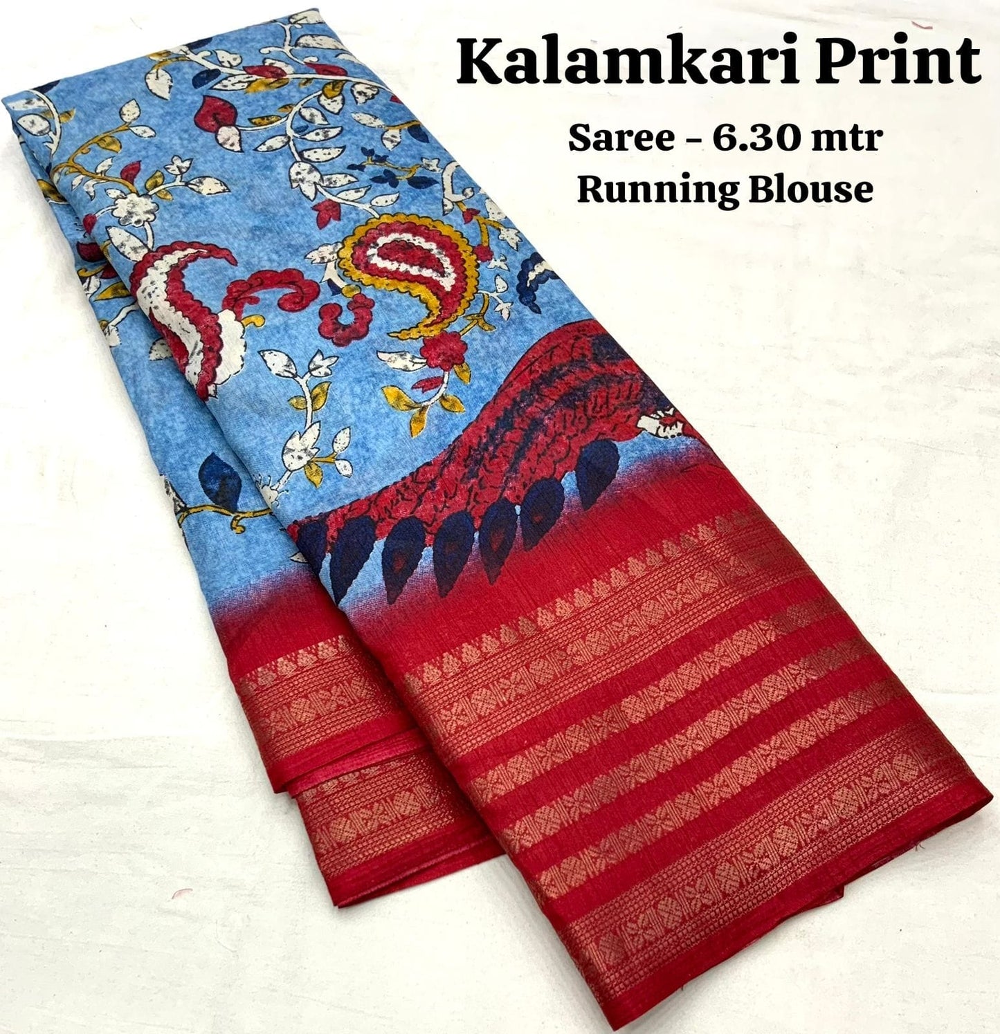 "Elegant Kalamkari Print Cotton Crepe Saree with Jacquard Border & Matching Blouse"