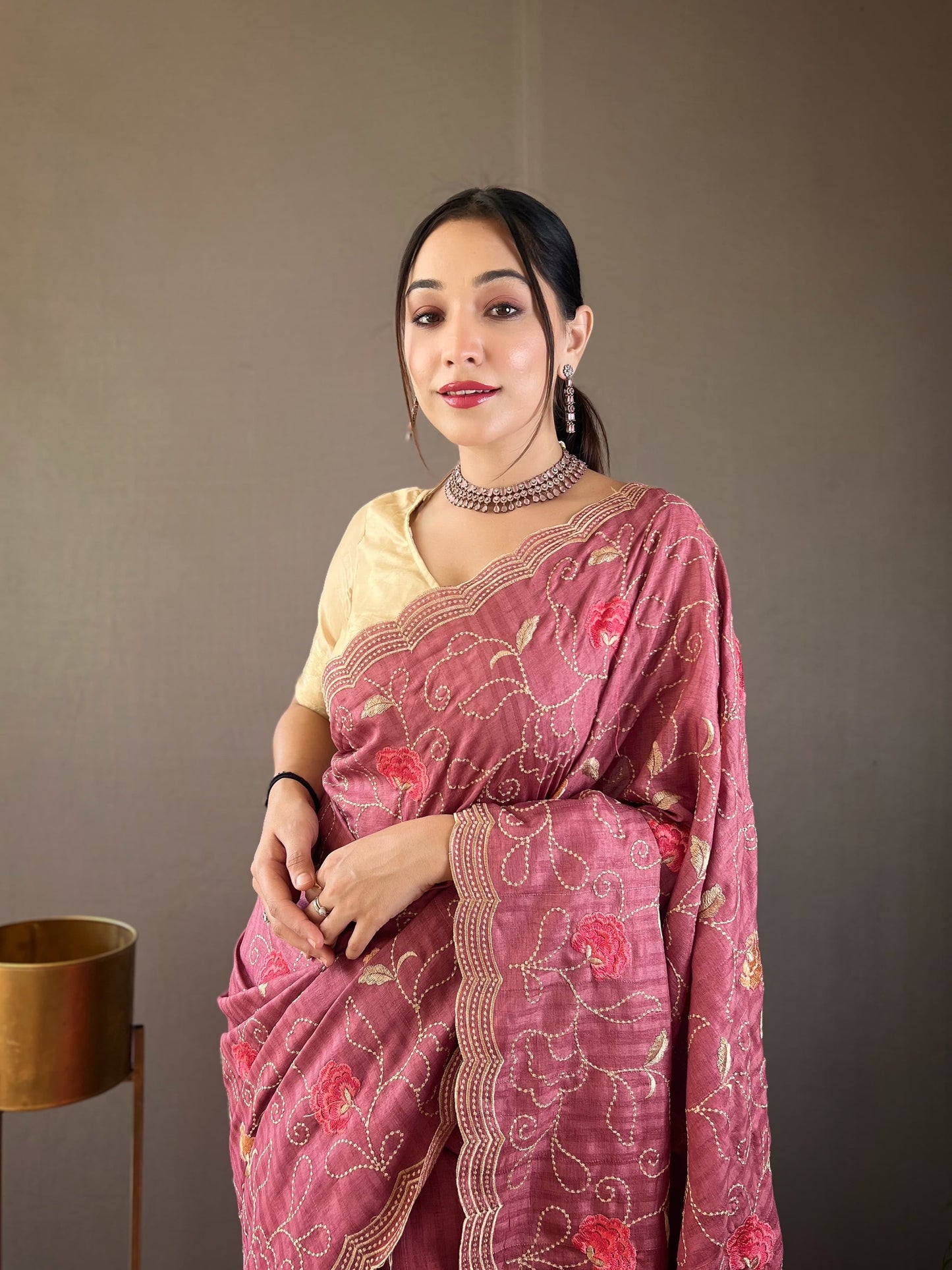 "Embroidered Floral Tussar Silk Saree with Cutwork Border - Exquisite Handcrafted Elegance"