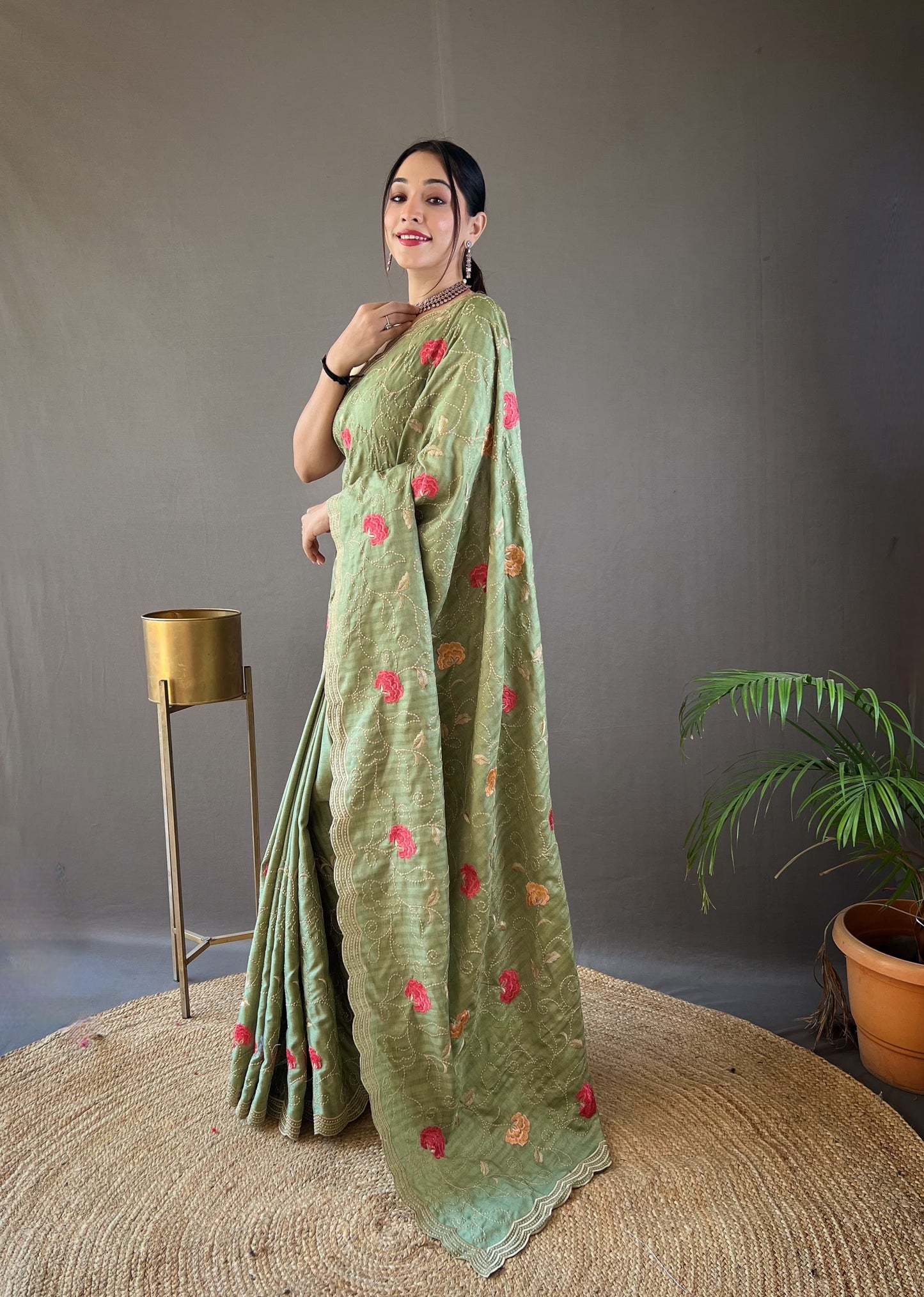 "Embroidered Floral Tussar Silk Saree with Cutwork Border - Exquisite Handcrafted Elegance"