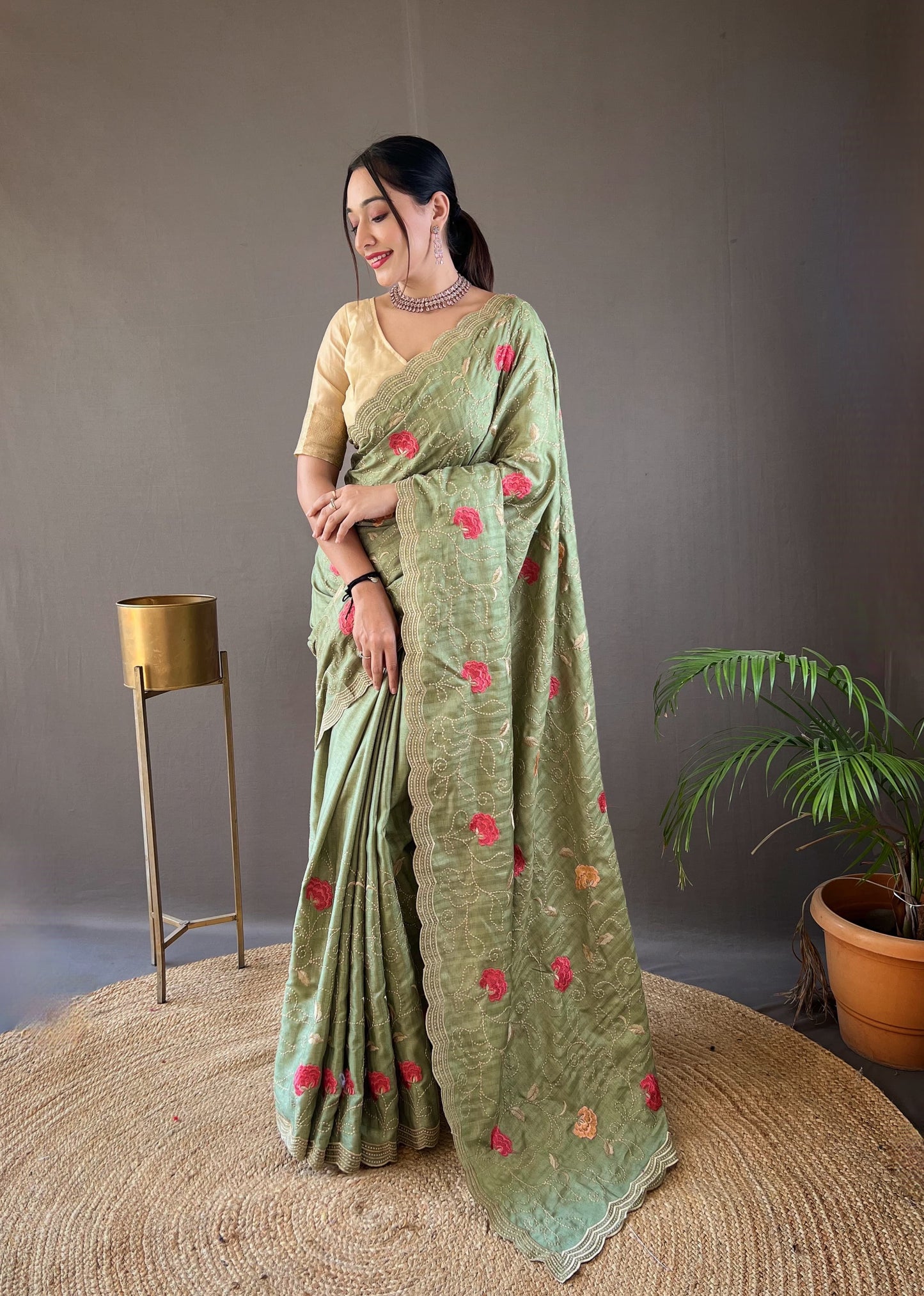 "Embroidered Floral Tussar Silk Saree with Cutwork Border - Exquisite Handcrafted Elegance"