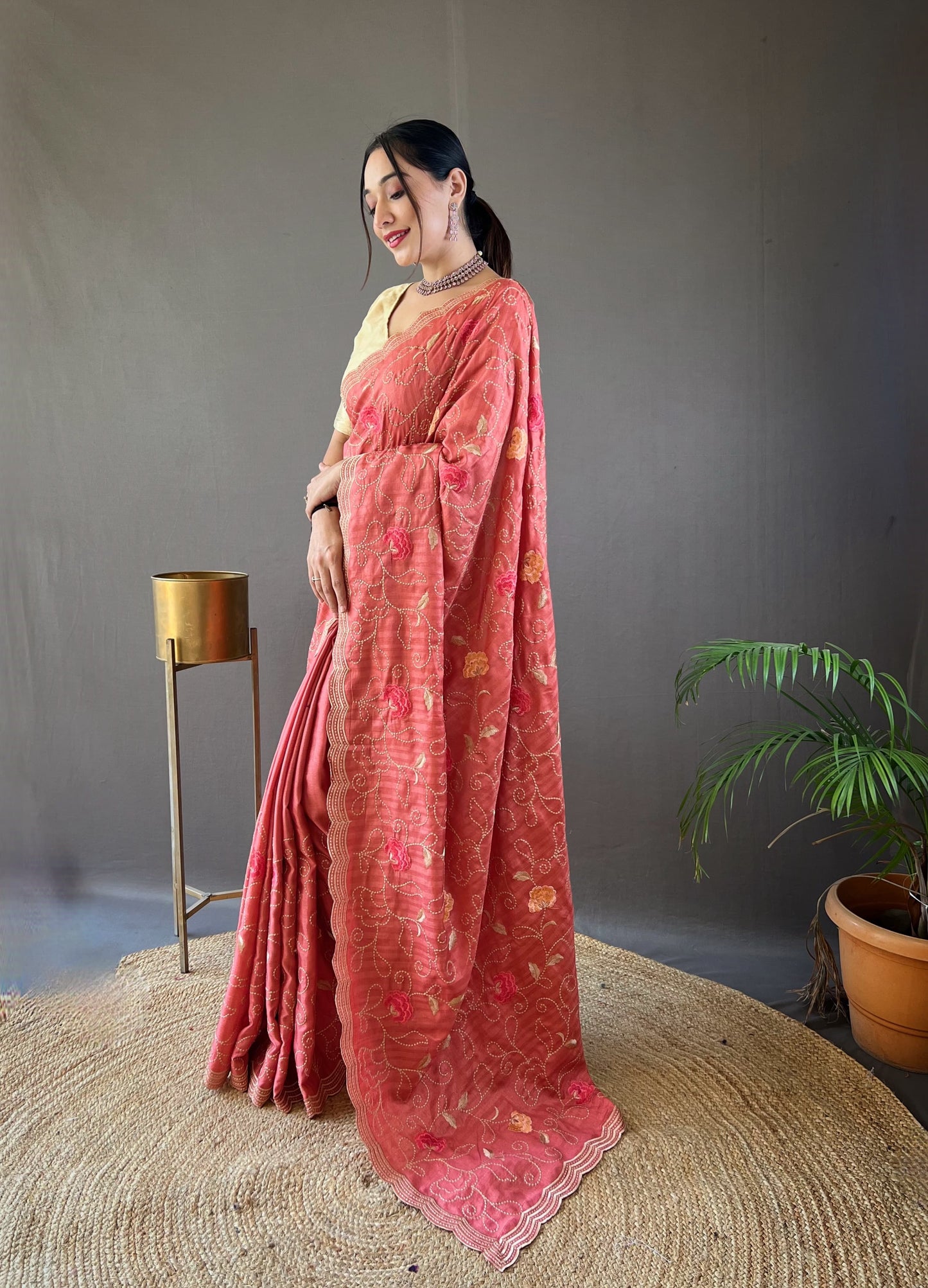 "Embroidered Floral Tussar Silk Saree with Cutwork Border - Exquisite Handcrafted Elegance"