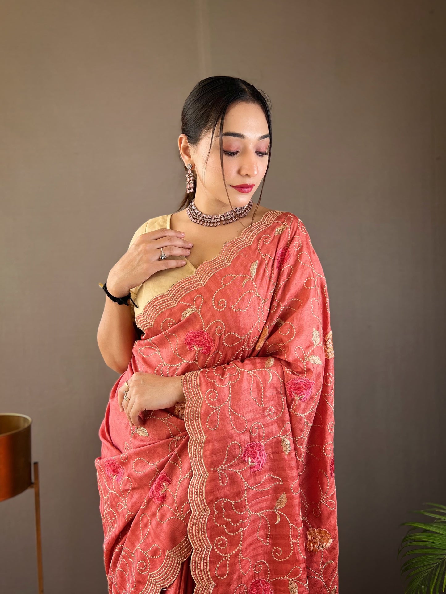 "Embroidered Floral Tussar Silk Saree with Cutwork Border - Exquisite Handcrafted Elegance"