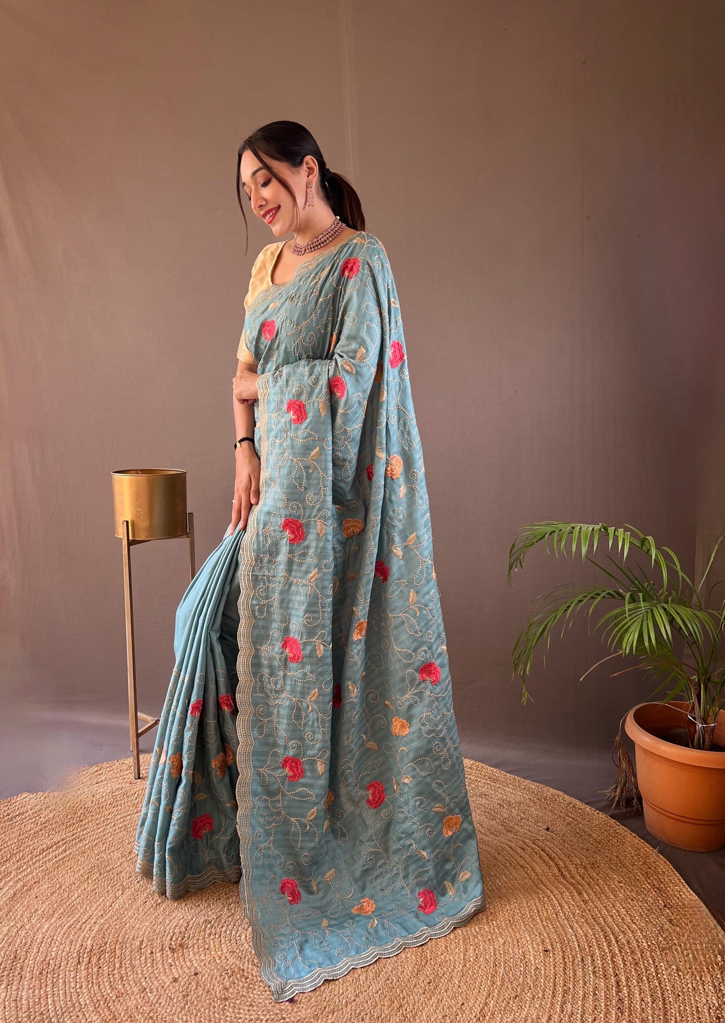 "Embroidered Floral Tussar Silk Saree with Cutwork Border - Exquisite Handcrafted Elegance"