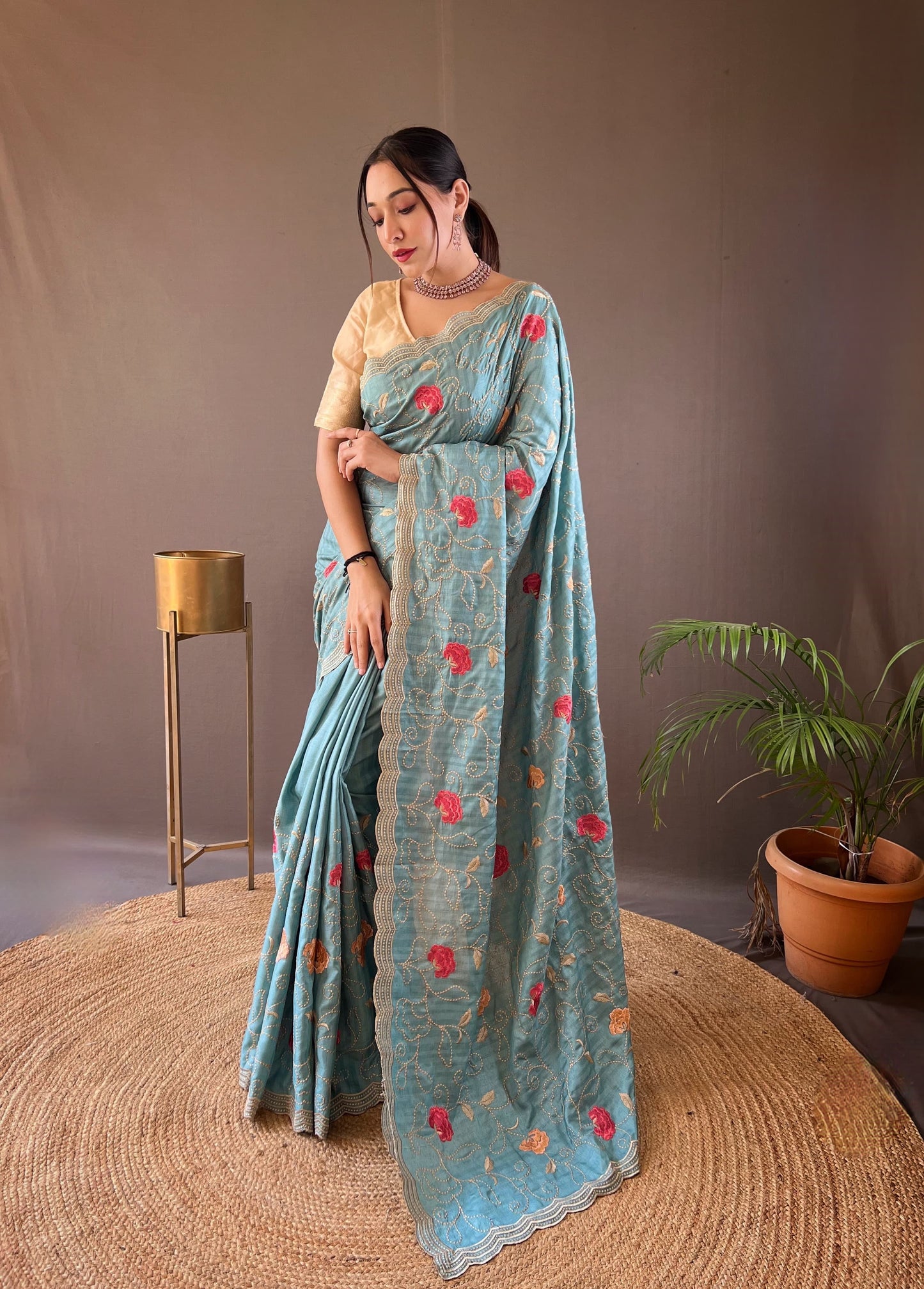 "Embroidered Floral Tussar Silk Saree with Cutwork Border - Exquisite Handcrafted Elegance"