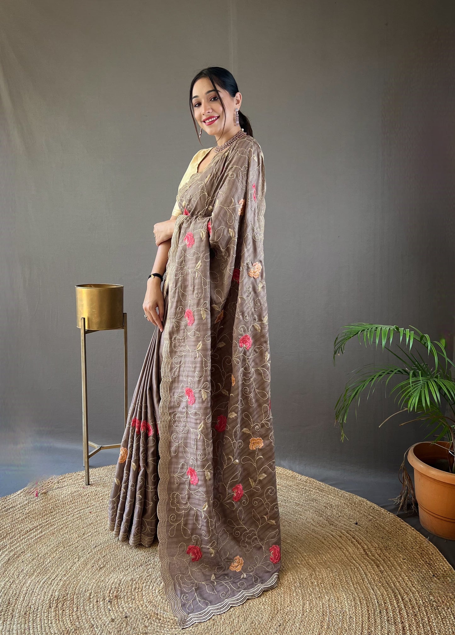 "Embroidered Floral Tussar Silk Saree with Cutwork Border - Exquisite Handcrafted Elegance"