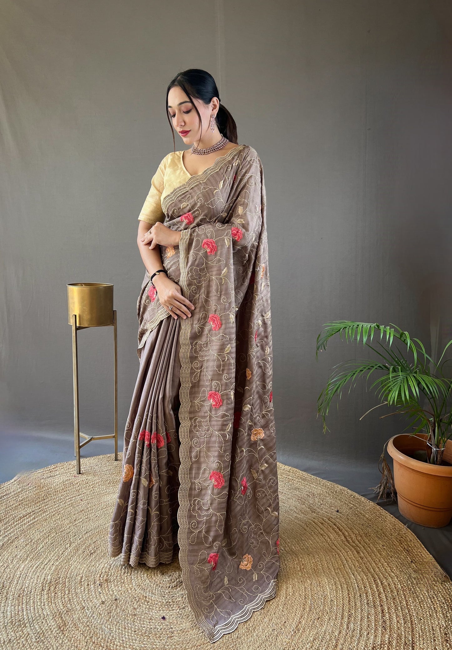 "Embroidered Floral Tussar Silk Saree with Cutwork Border - Exquisite Handcrafted Elegance"